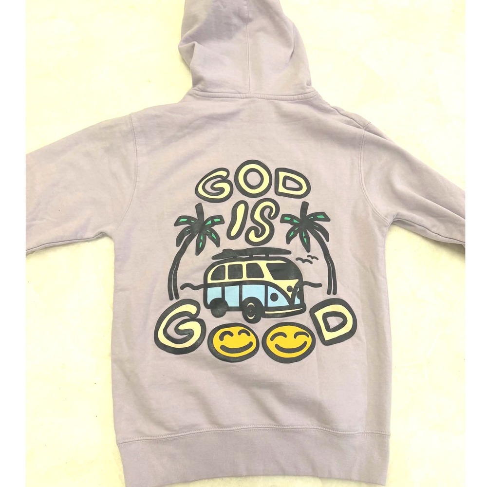 God Is Good Lavender Purple Hoodie Puff Print Surf Van Smiley Face Women Medium - Picture 1 of 5